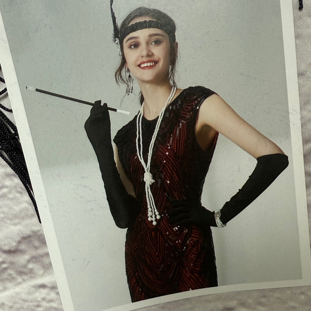 1920’s flapper Black & Red Sequin Dress costume all accessories